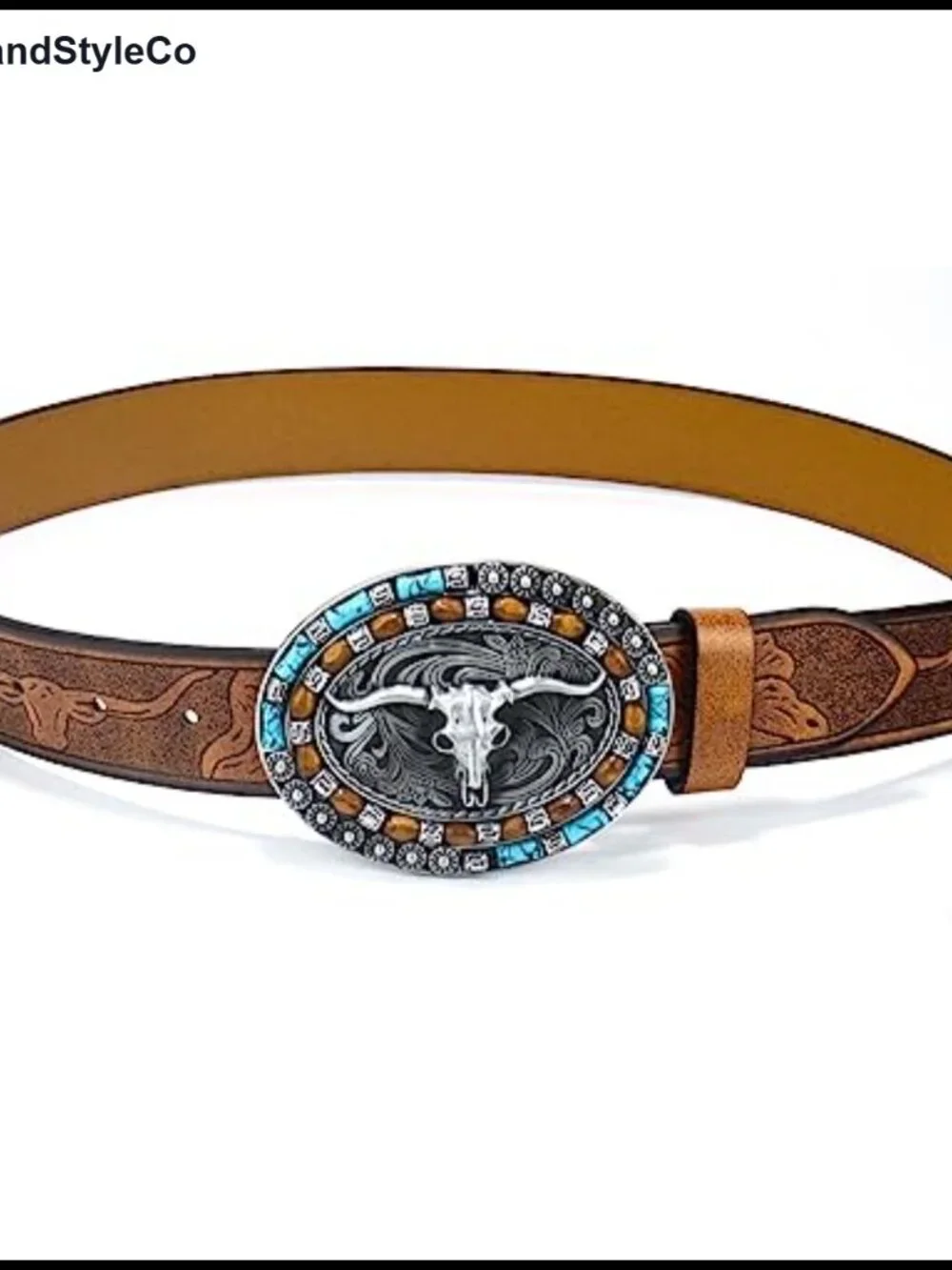Western Cowgirl Leather Belt for Women Turquoise Oval Buckle Embossed Belt